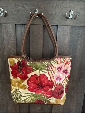 Vintage Y2K Frankie & Johnnie Floral Canvas Shoulder Bag Pink Brown Trim Beaded